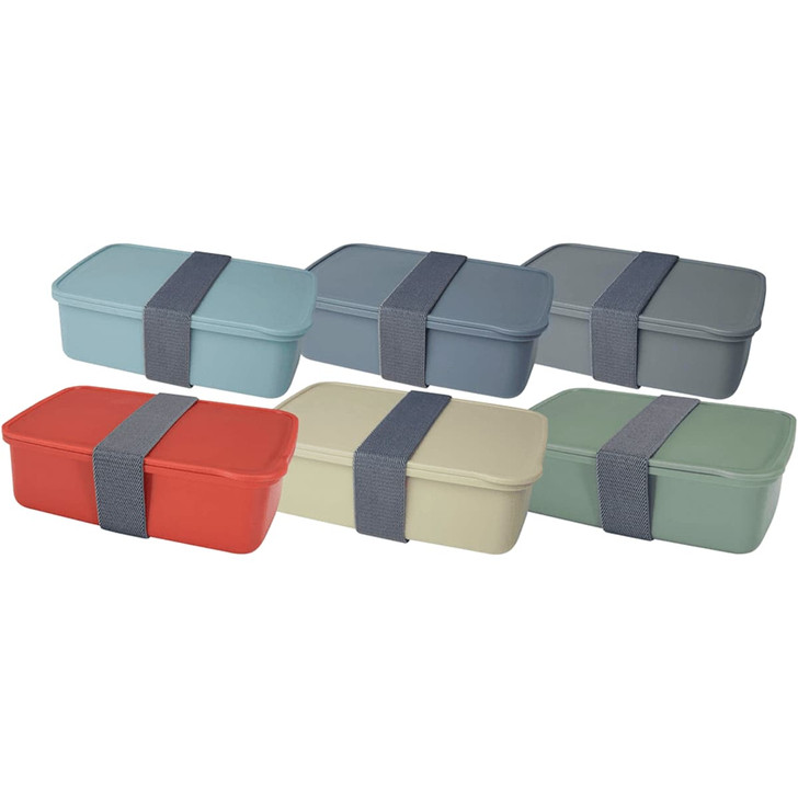 A set of five lunch boxes in various colours: red, light blue, grey, beige, and green, each with a grey strap.