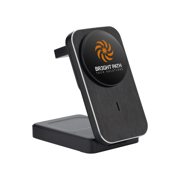 A black and silver wireless charger with a logo on the front, featuring a sleek design for easy device docking.