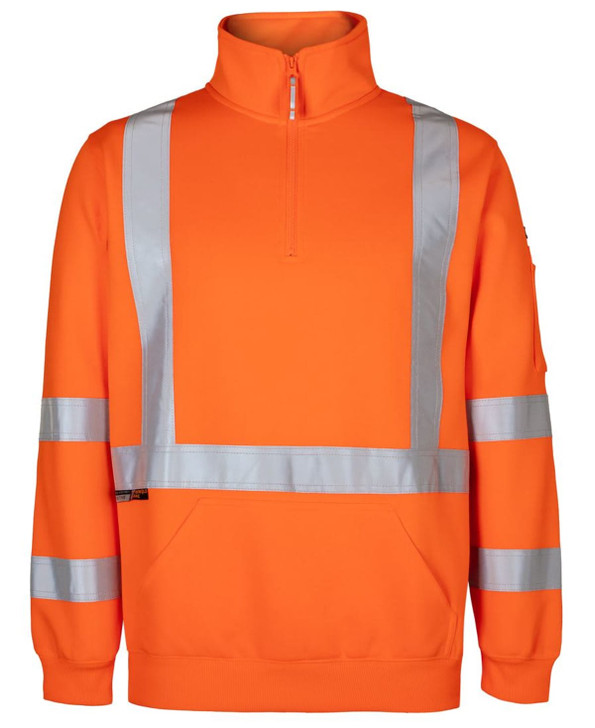 High-visibility orange fleece jumper featuring reflective stripes, designed for safety wear. Includes a zip collar and a pocket.