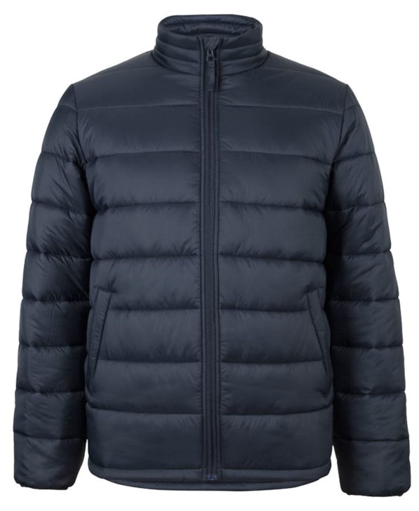 A dark blue puffer jacket with a front zip and a high collar, featuring a logo on one side.