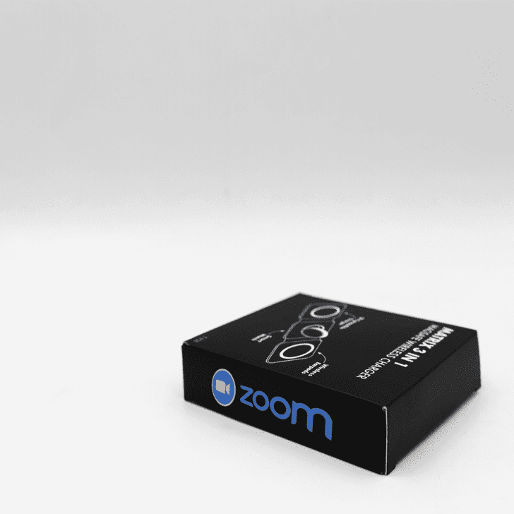 A black box for a product with a logo, featuring an illustration of a wireless charging device.