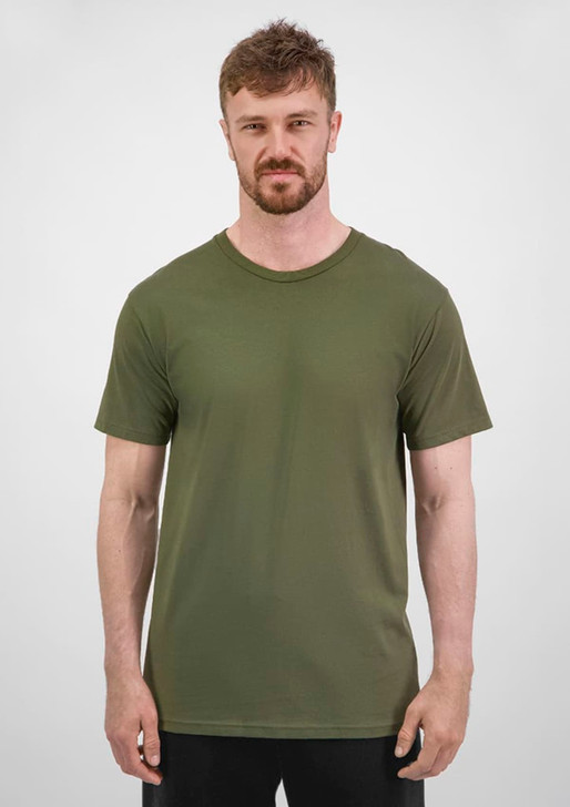 A men's short sleeve tee in olive green, featuring a classic crew neck and a plain design. It has a subtle logo.