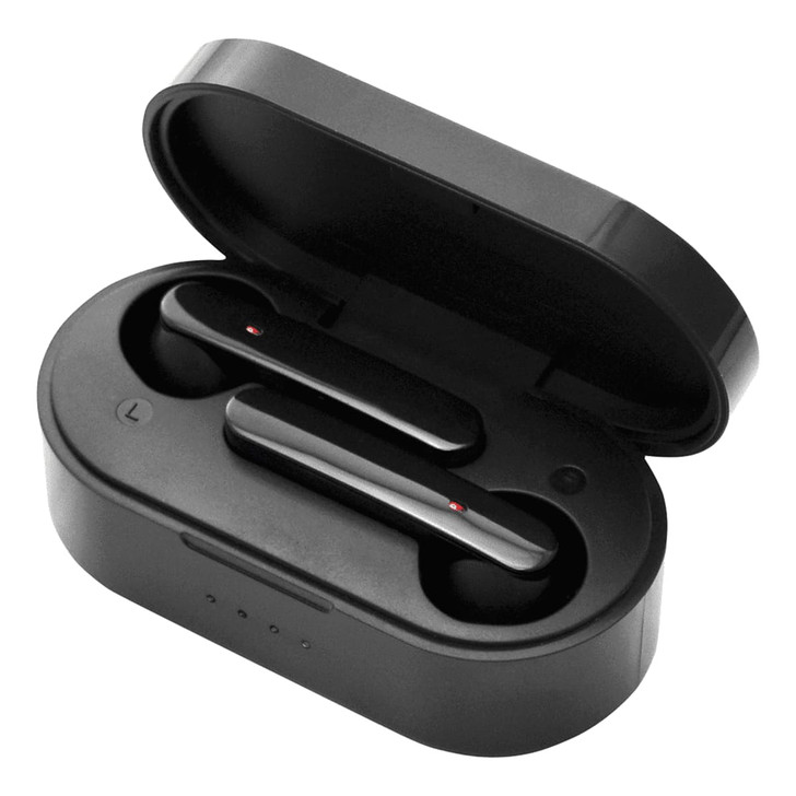 Black Prixton TWS157 earbuds in a charging case, featuring a sleek design with a small logo.