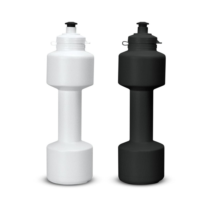 A drink bottle shaped like a dumbbell, available in white and black, with a screw-top lid and a logo.