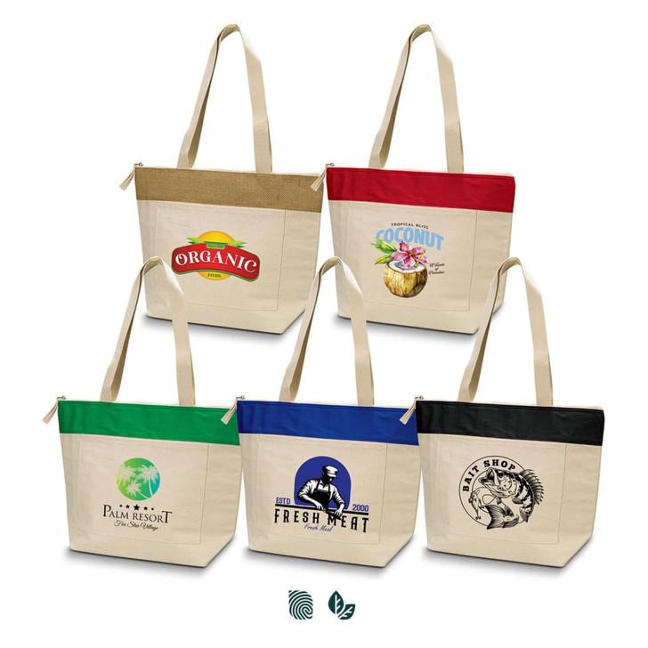 A set of five cotton cooler tote bags in beige, red, green, black, and brown with various logos.