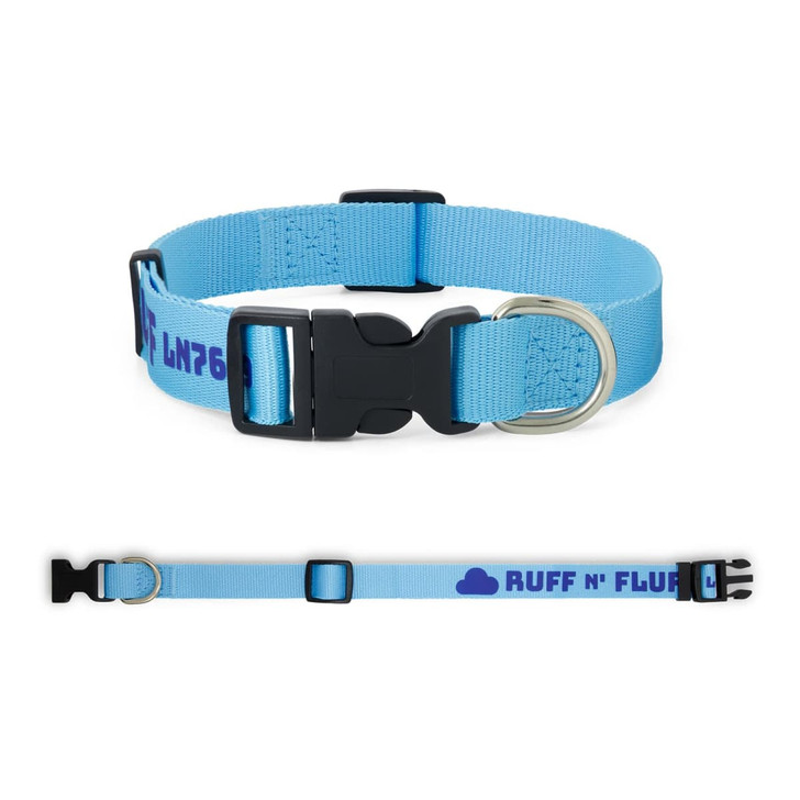 A blue woven dog collar featuring adjustable clasps and a metal D-ring, with a branding logo present.