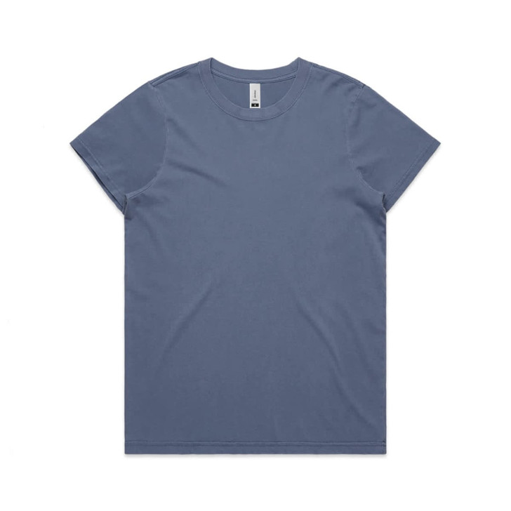 A blue T-shirt featuring a crew neck and short sleeves, with a small logo on the label.