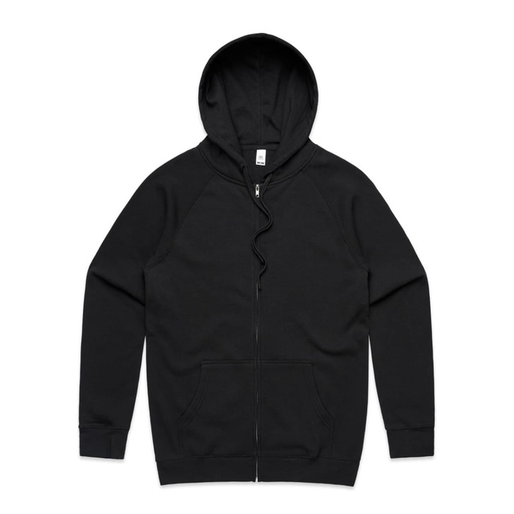 A black zip-up hoodie with a hood and long sleeves, featuring a logo on it.