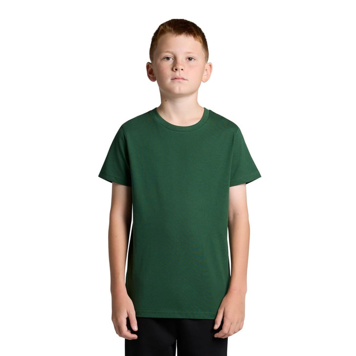 A green youth t-shirt displayed on a child. The shirt has a simple design and features a logo.