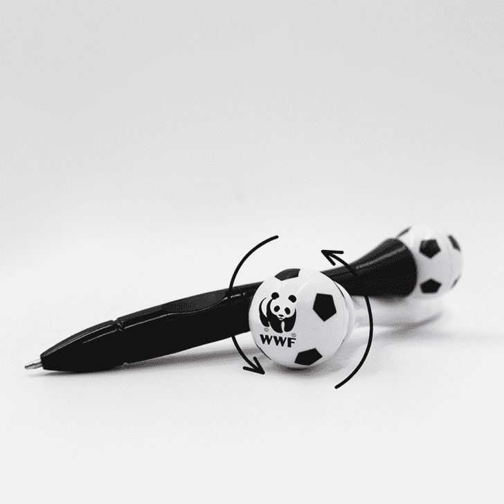 A black pen with white football-shaped ends featuring a logo. The pen has a spinning feature with black and white colours.