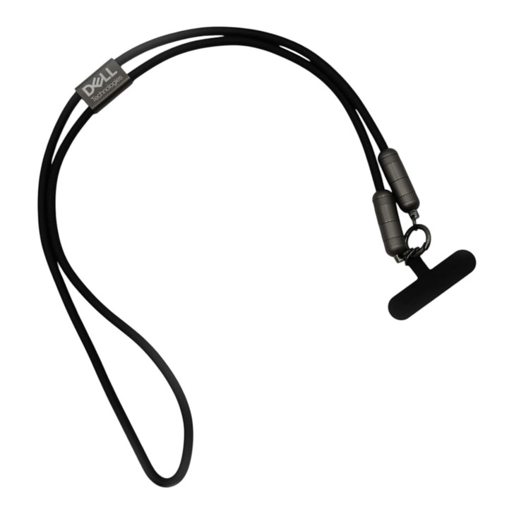 A black charging lanyard with two grey ends, featuring a logo at the top.