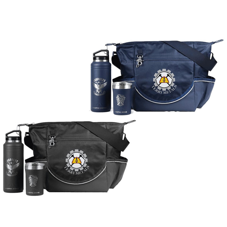 A navy and black bag with drink bottles and a cup, featuring a logo on both products.