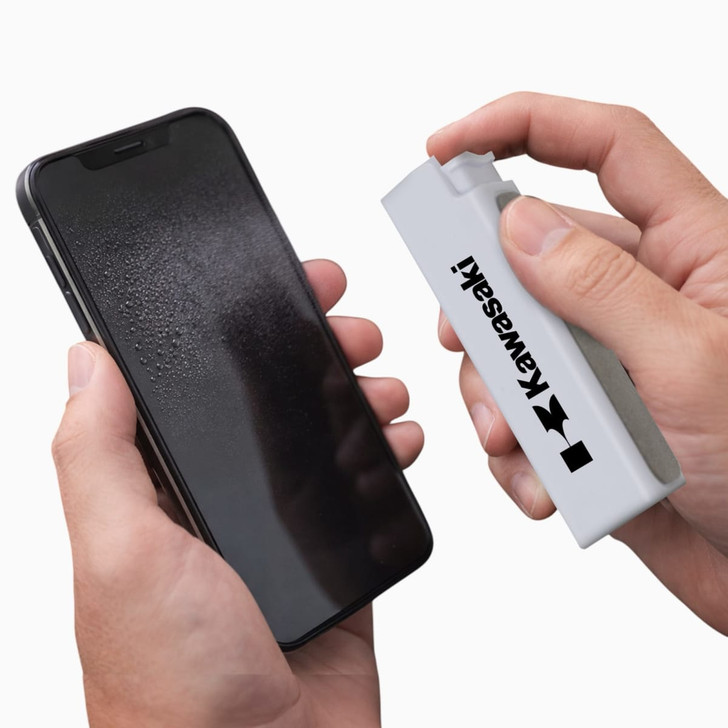 A phone cleaning device in grey next to a wet smartphone screen, featuring a logo. 
