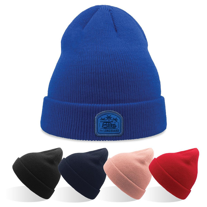 A collection of beanies in blue, black, navy, pink, and red, featuring a logo on the front of the blue beanie.