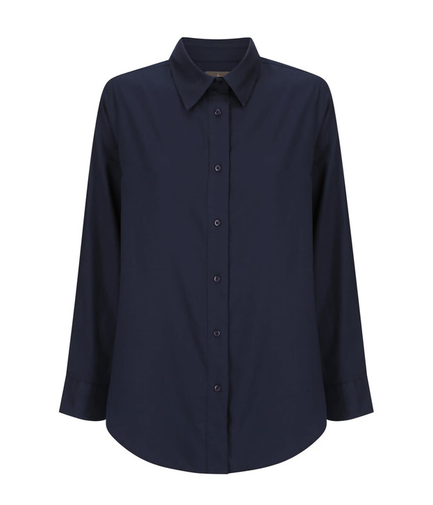 A navy blue long-sleeve shirt with a button-up front and a collar, featuring a logo.