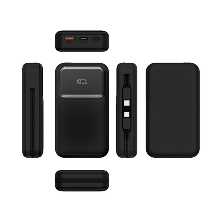 A black power bank featuring a retractable cable and digital display, showcasing multiple angles of the product.
