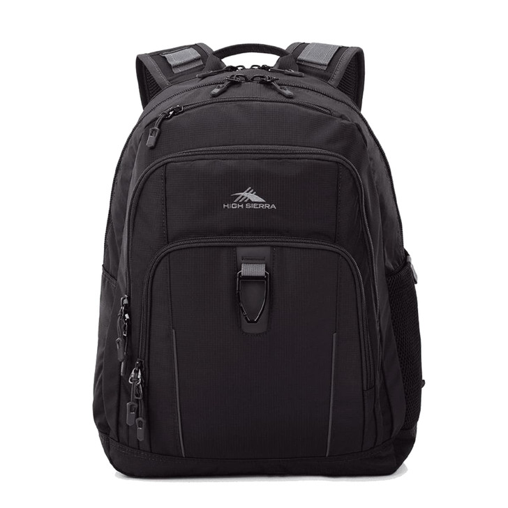 A black High Sierra Extension Backpack 39L featuring multiple pockets, zippers, and a logo.