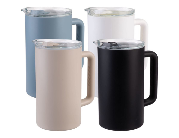 A drink bottle set featuring four ceramic-lined pitchers in white, black, beige, and blue with insulated designs.