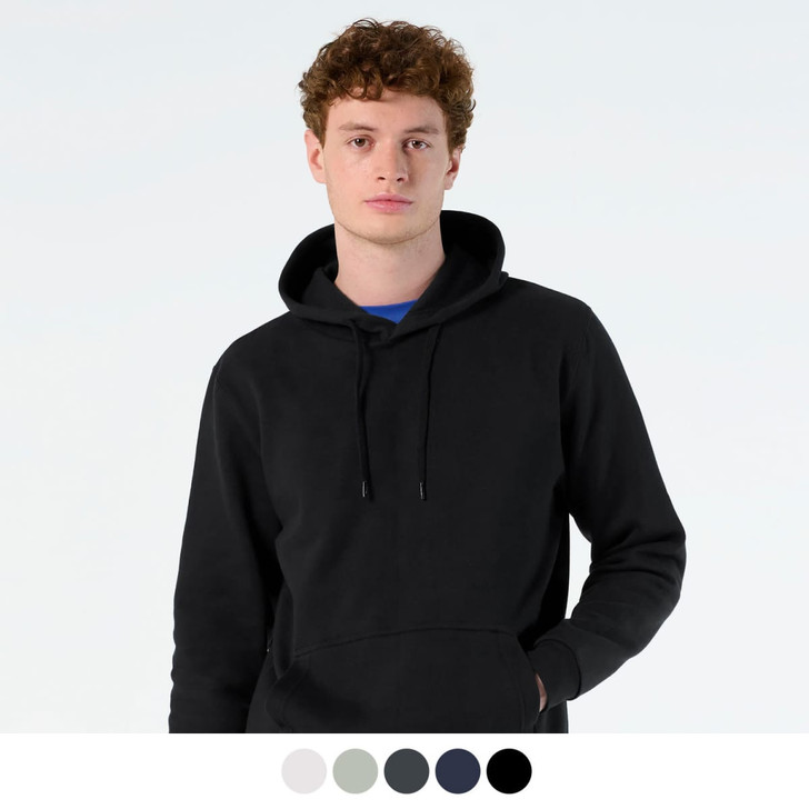 A hooded sweatshirt in black, featuring a drawstring hood and a front pocket, with a logo on the chest.