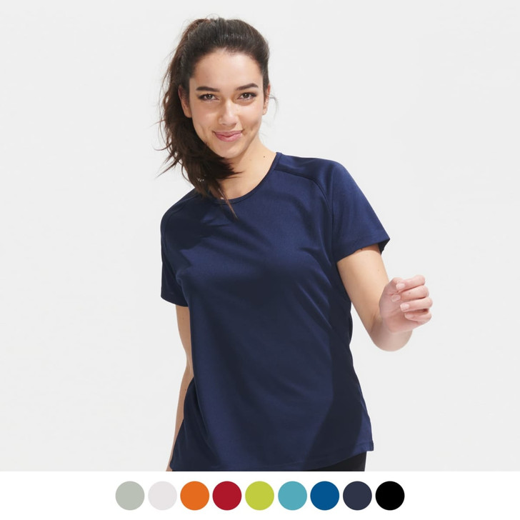 A sporty women's T-shirt in navy blue with a round neckline and short sleeves. Features a logo.