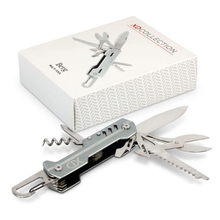 A multi-tool in silver with various tools, including blades and a corkscrew, displayed alongside its packaging.