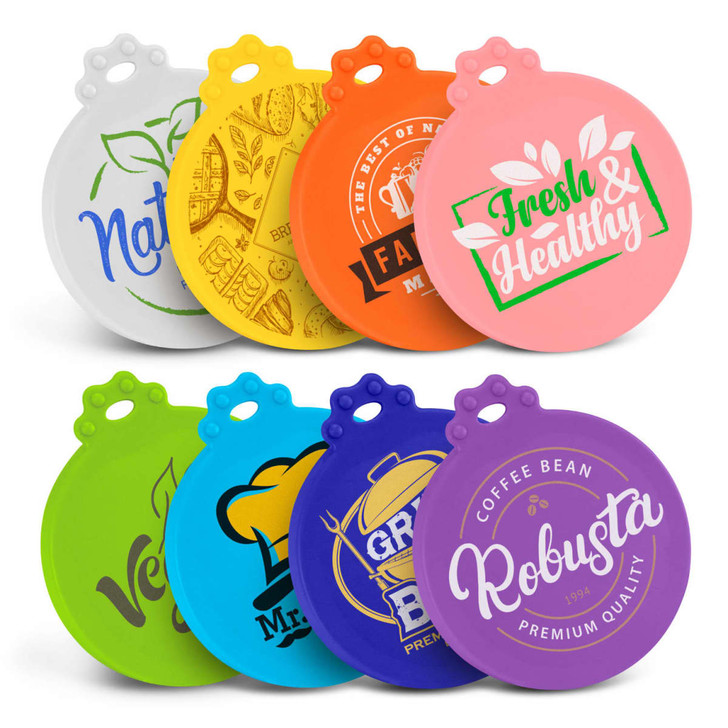 A collection of colourful silicone reusable can lids in various designs, featuring a logo on several lids.