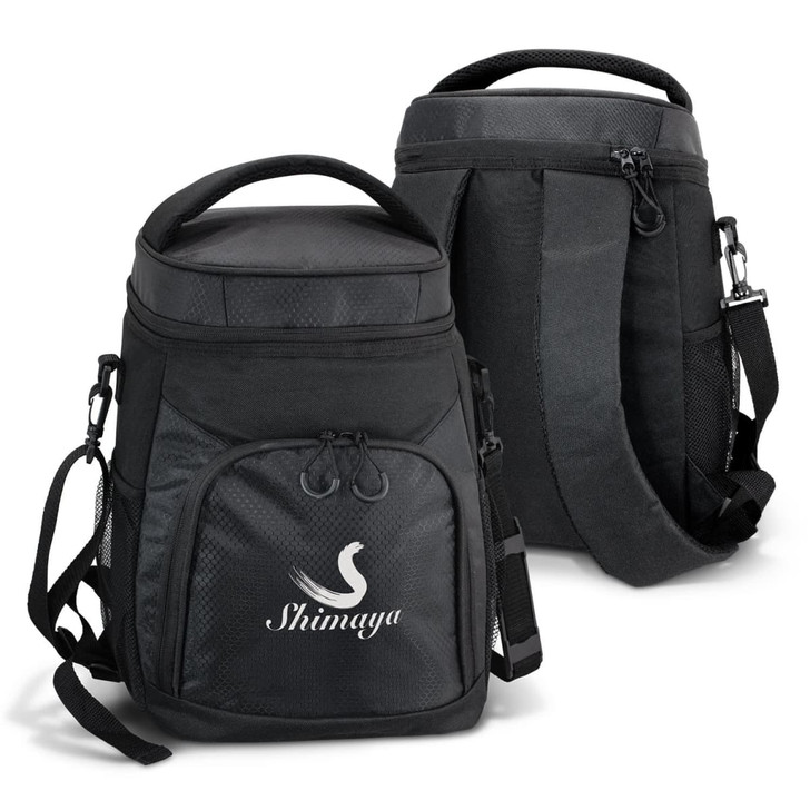 A black cooler backpack featuring a top handle, adjustable strap, and mesh pockets, with a logo on the front.