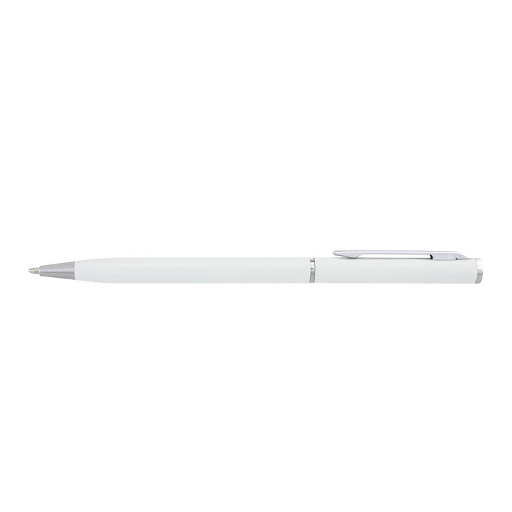 A white metal pen with a silver clip and trim. The pen features a branding logo.