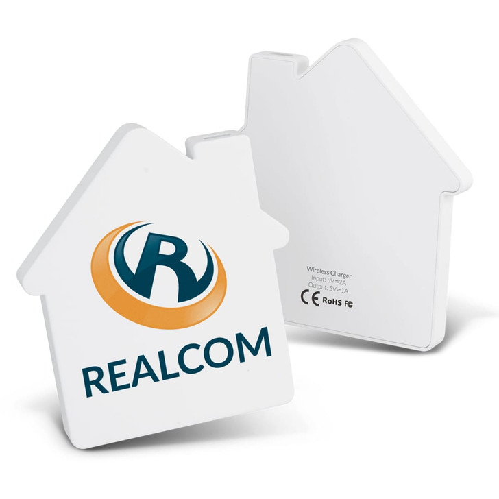 A house-shaped wireless charger in white, featuring a logo on the front and a smooth back surface.