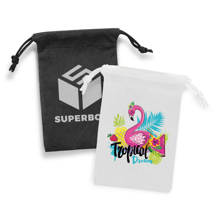 Two small drawstring gift bags, one black and one white with a colourful flamingo design, both featuring a logo.
