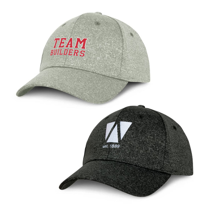 Two caps displayed, one in light grey with a logo and text, the other in dark grey with a logo. Both are styled in a casual design.