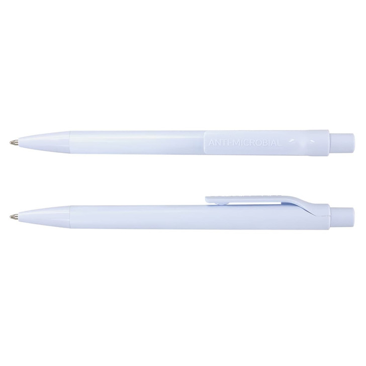 A light blue plastic anti-microbial pen with a clip. Features a sleek, smooth design and has a branding logo.