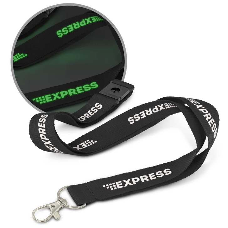A glow-in-the-dark black lanyard featuring a clip and a logo in green.