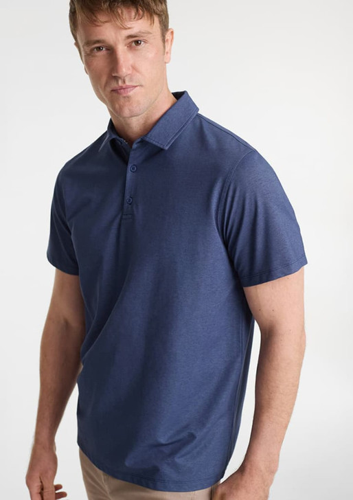 A navy short sleeve polo shirt for men with a collar and a logo on the chest.