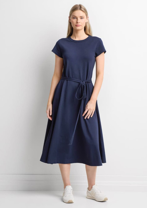 A navy midi dress with short sleeves and a tie waistband, featuring a flowing skirt. It has a logo on the fabric.