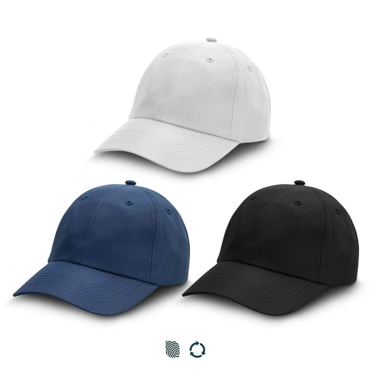 A collection of three caps: white, navy blue, and black, each featuring a logo on the front.