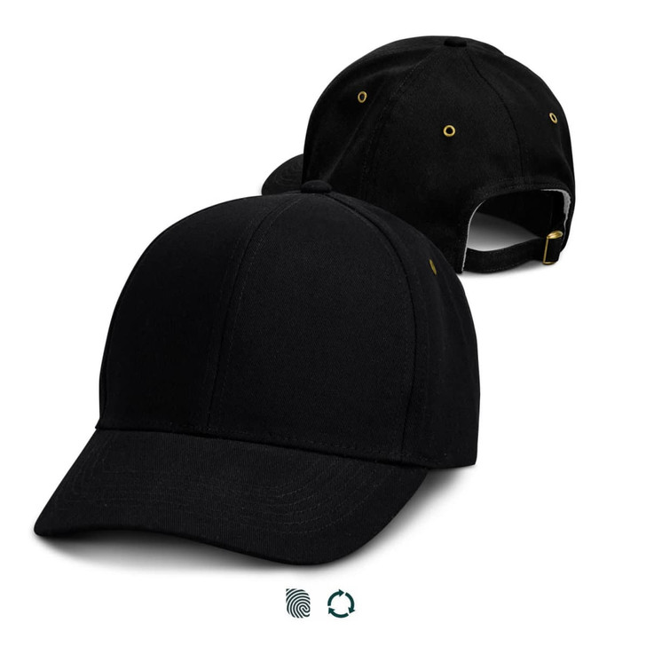 A black cap featuring a structured design, with an adjustable strap and brass details. It has a logo and showcases a classic style.
