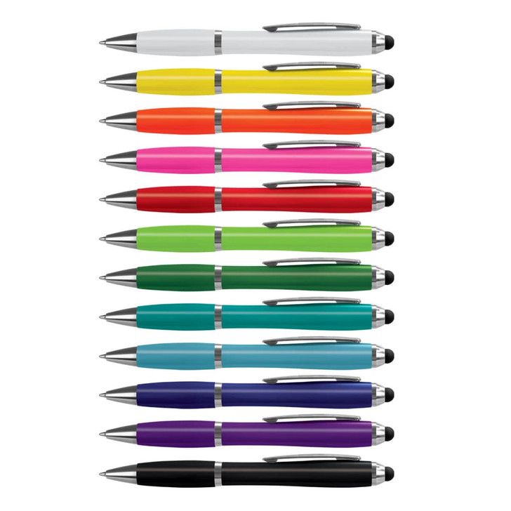 A collection of stylus pens in various colours, including white, yellow, orange, pink, green, blue, and black, with silver accents.