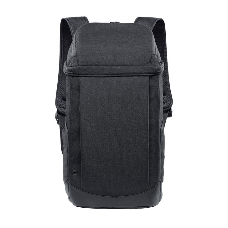 A black cooler backpack with adjustable shoulder straps and a smooth exterior, featuring a logo on the front.