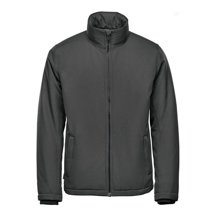 A thermal jacket in dark grey, featuring a zip front and a stand-up collar, with side pockets and branding.