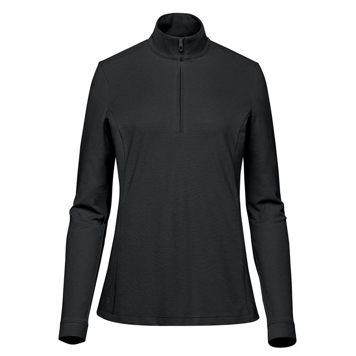A black women's pullover with a 1/4 zip and long sleeves. It features a logo on the side.