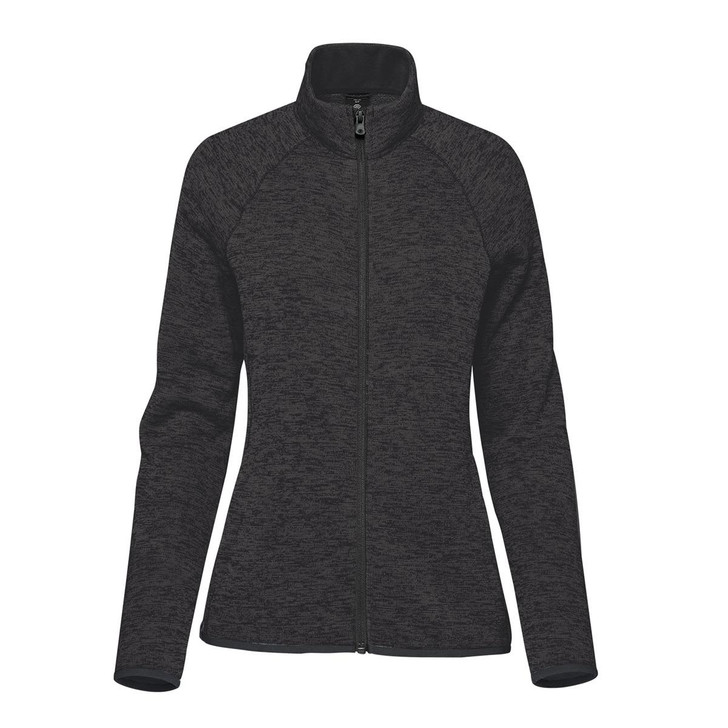 A women's full zip fleece jacket in a dark grey heather shade, featuring a high collar and long sleeves.