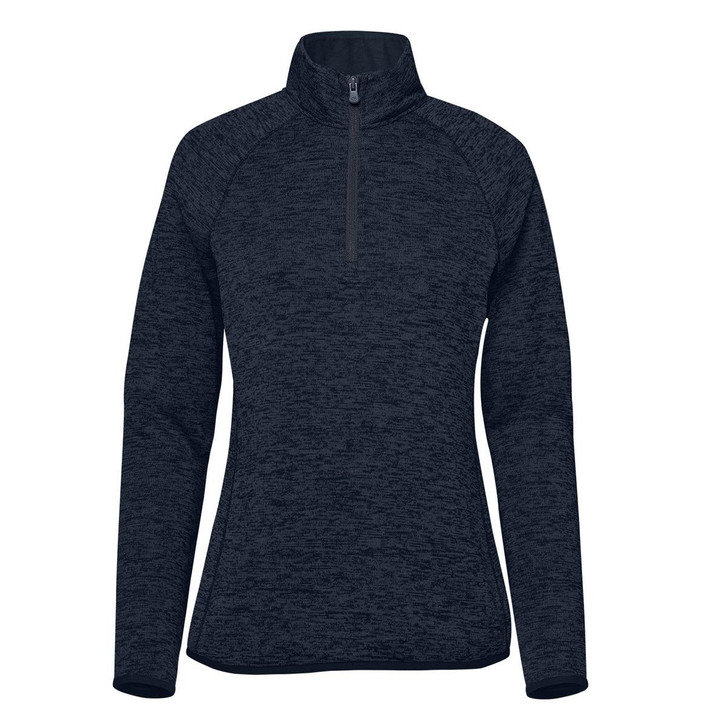 A dark navy half-zip fleece jacket for women with long sleeves and a collar. Features a logo on the garment.