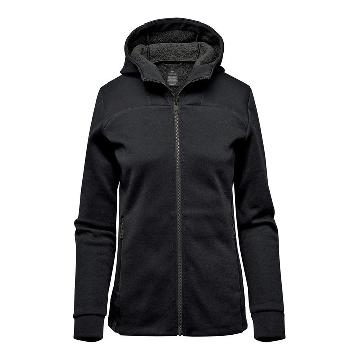A women's black Antares Performance Hoody with a zip front and hood, featuring a soft inner lining.