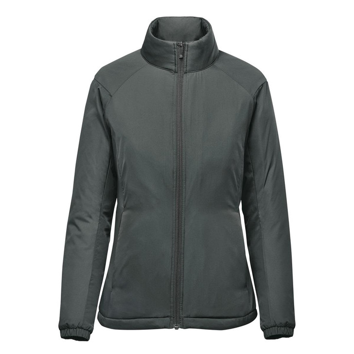 A women's thermal jacket in dark grey with a high collar and zippered front. Features a simple design and a logo.