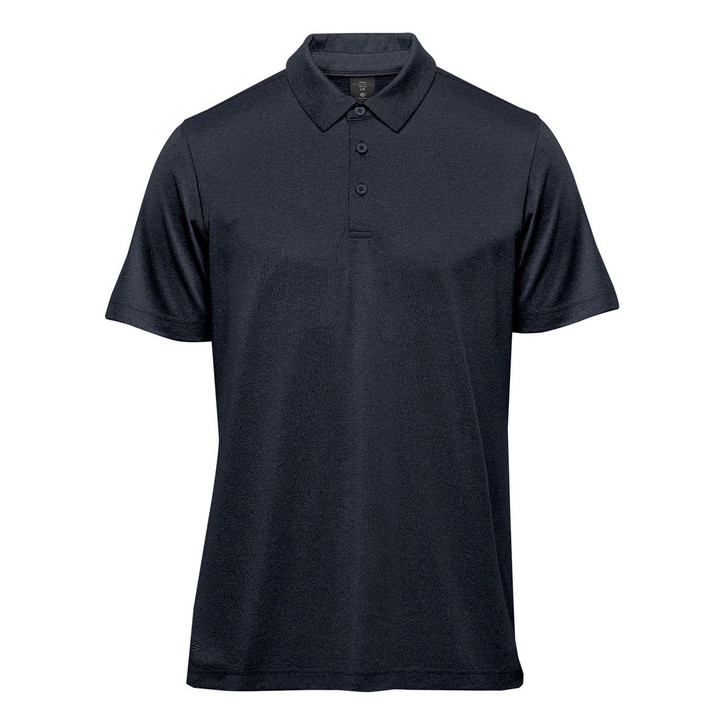 A navy blue men's polo shirt with a collar, short sleeves, and three buttons, featuring a logo.