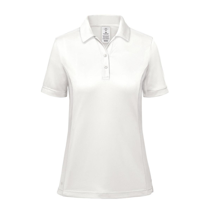A white women's polo shirt with a collar and short sleeves, featuring a branded logo.