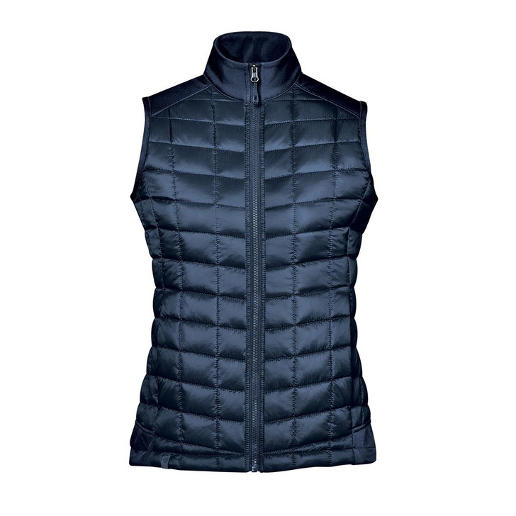 A navy blue women's thermal softshell vest with a quilted design and a high collar. Features a front zip and branding.