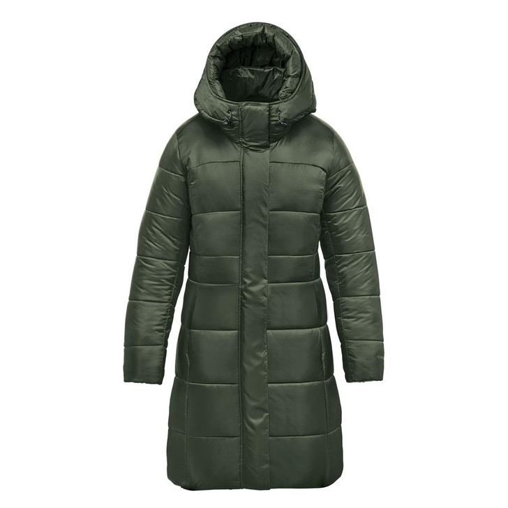 A women's puffer jacket in olive green with a hood, featuring a quilted design and a knee-length cut. 