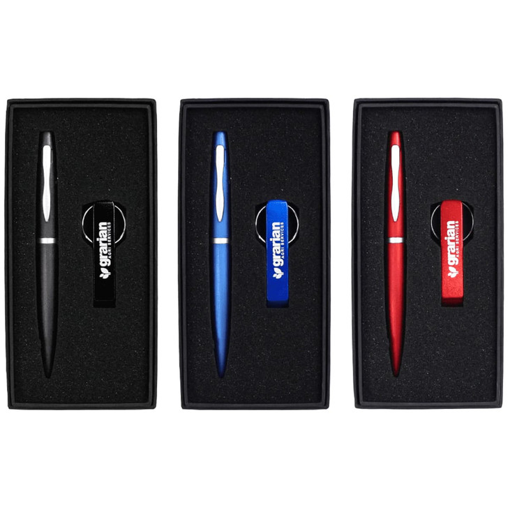 A drink bottle opener keyring set featuring a black, blue, and red pen, all presented in sleek gift boxes.